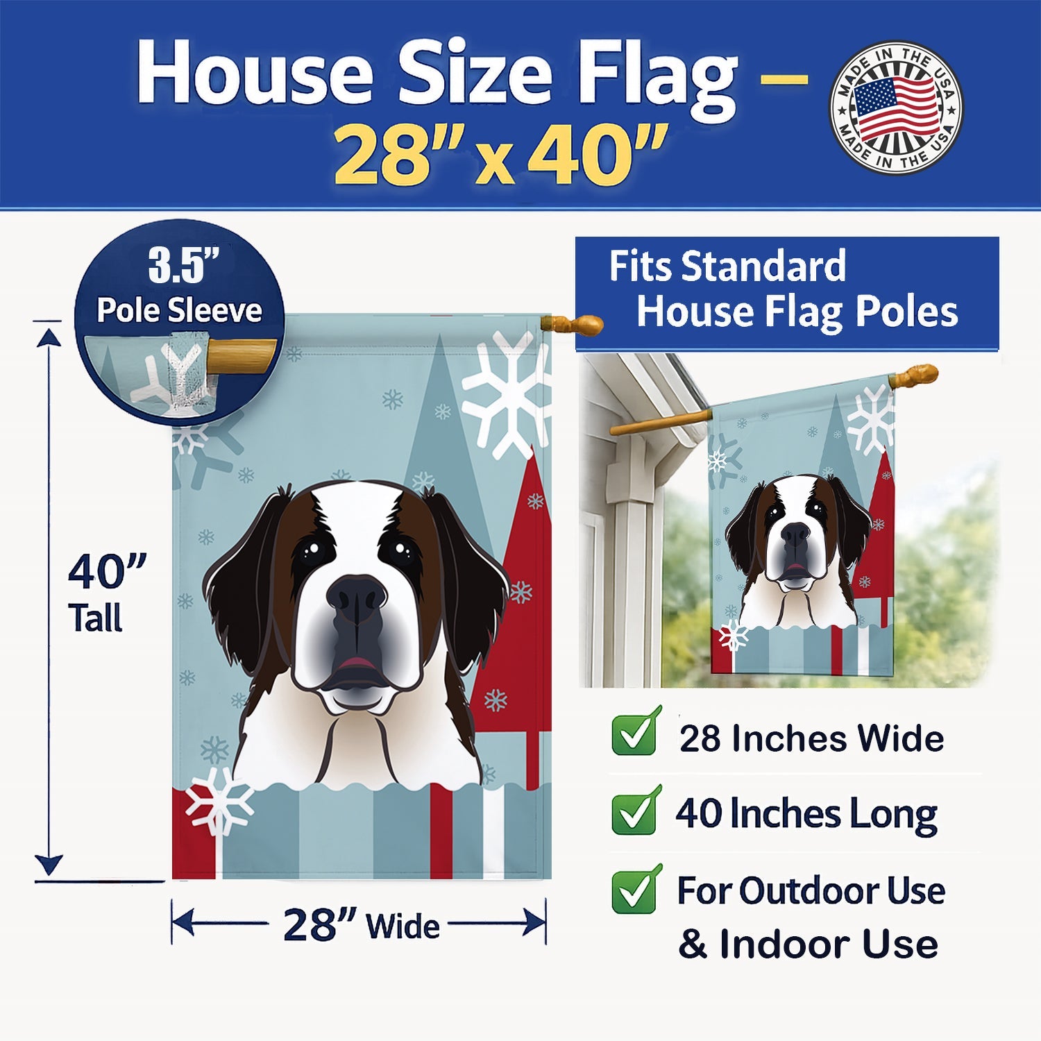 Winter Holiday Saint Bernard House Flag 28x40 Porch Sleeve Pole Decorative Outside Yard Banner Artwork Wall Hanging, Polyester