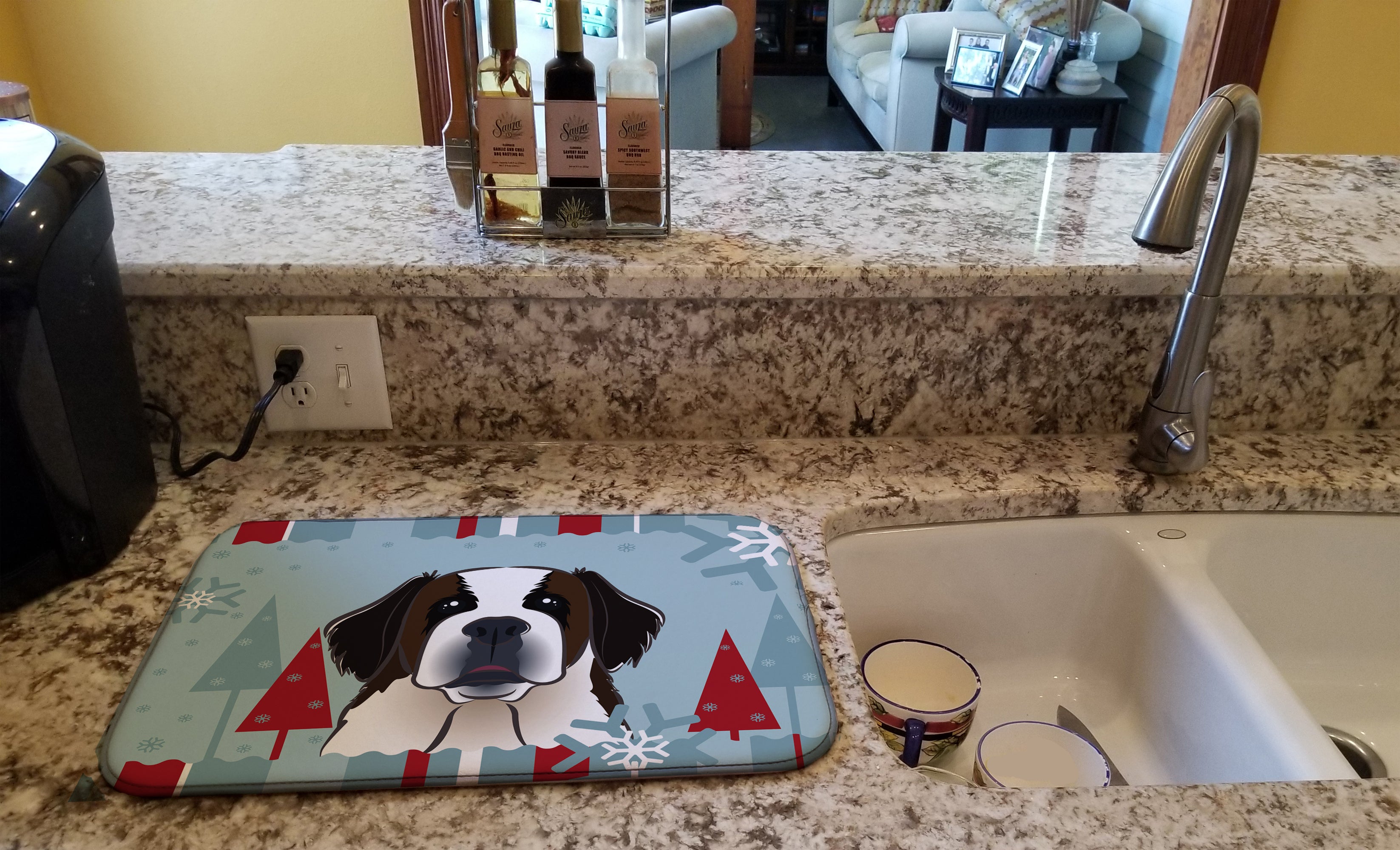Winter Holiday Saint Bernard Dish Drying Mat Absorbent Dish Drying Mat Pad for Kitchen Counter Dish Drainer Mat for Countertop, 14 x 21", Multicolor