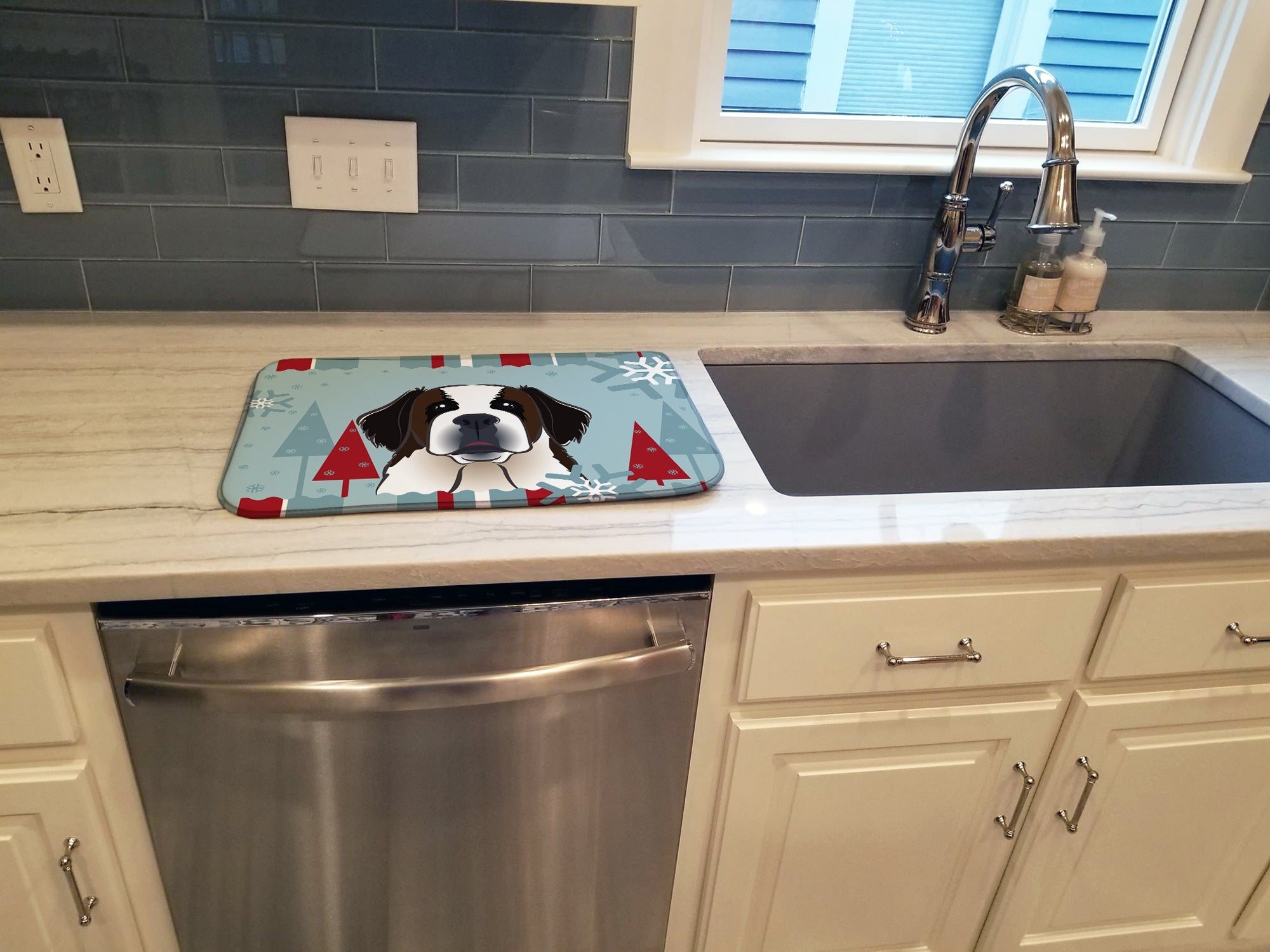 Winter Holiday Saint Bernard Dish Drying Mat Absorbent Dish Drying Mat Pad for Kitchen Counter Dish Drainer Mat for Countertop, 14 x 21", Multicolor