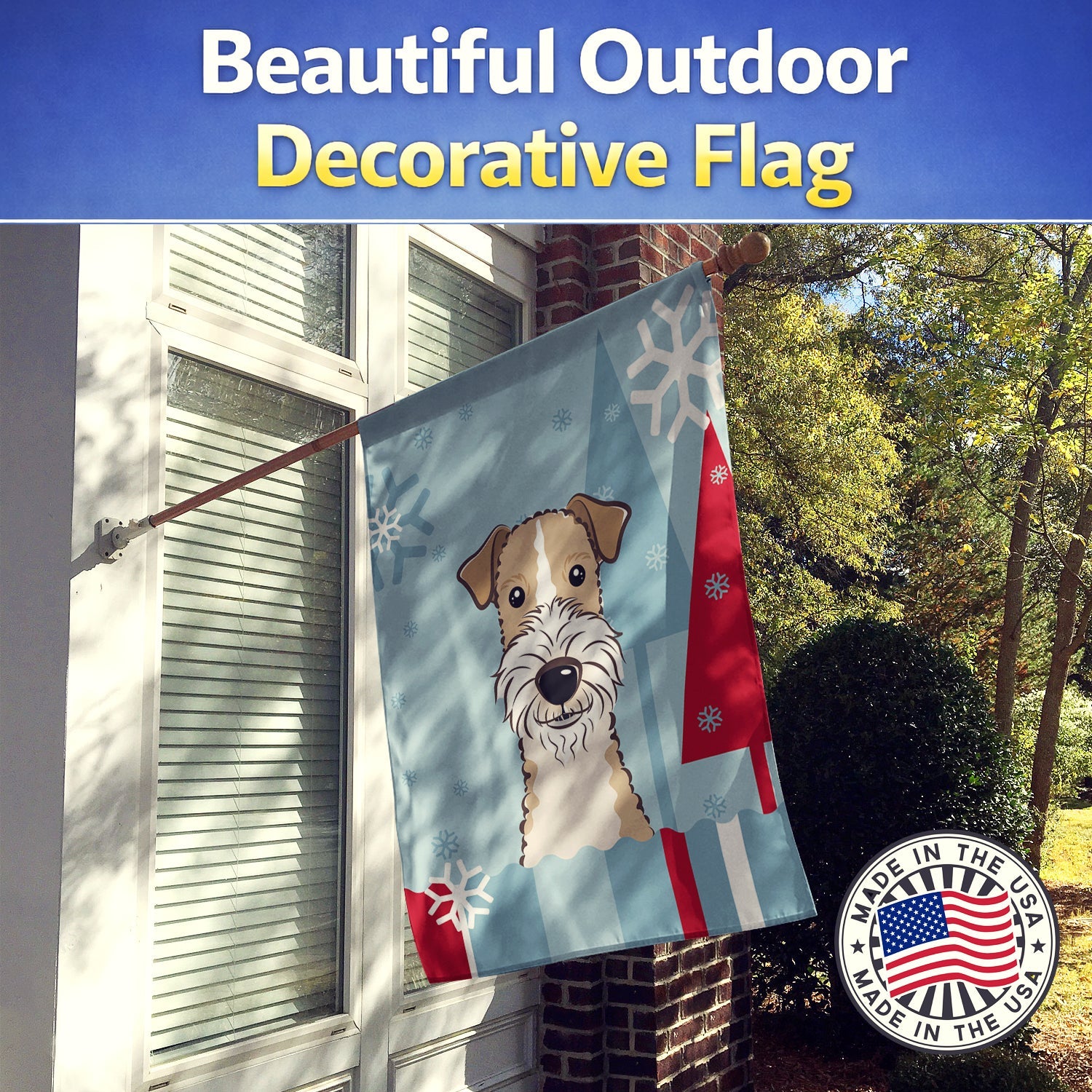 Winter Holiday Wire Haired Fox Terrier House Flag 28x40 Porch Sleeve Pole Decorative Outside Yard Banner Artwork Wall Hanging, Polyester