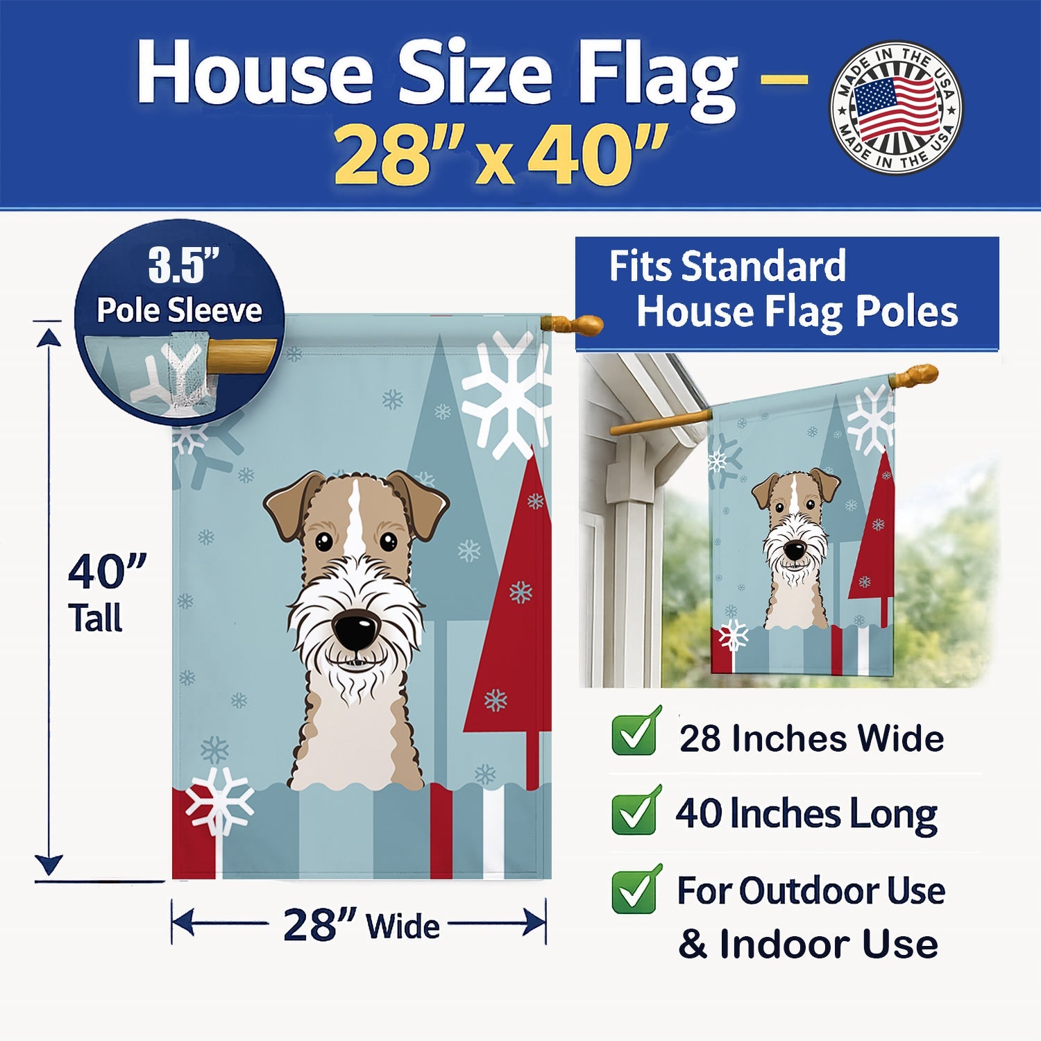 Winter Holiday Wire Haired Fox Terrier House Flag 28x40 Porch Sleeve Pole Decorative Outside Yard Banner Artwork Wall Hanging, Polyester