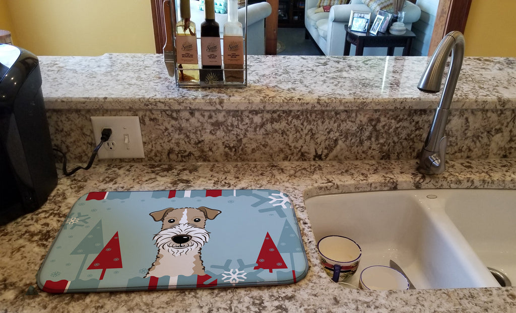 Winter Holiday Wire Haired Fox Terrier Dish Drying Mat Absorbent Dish Drying Mat Pad for Kitchen Counter Dish Drainer Mat for Countertop, 14 x 21", Multicolor