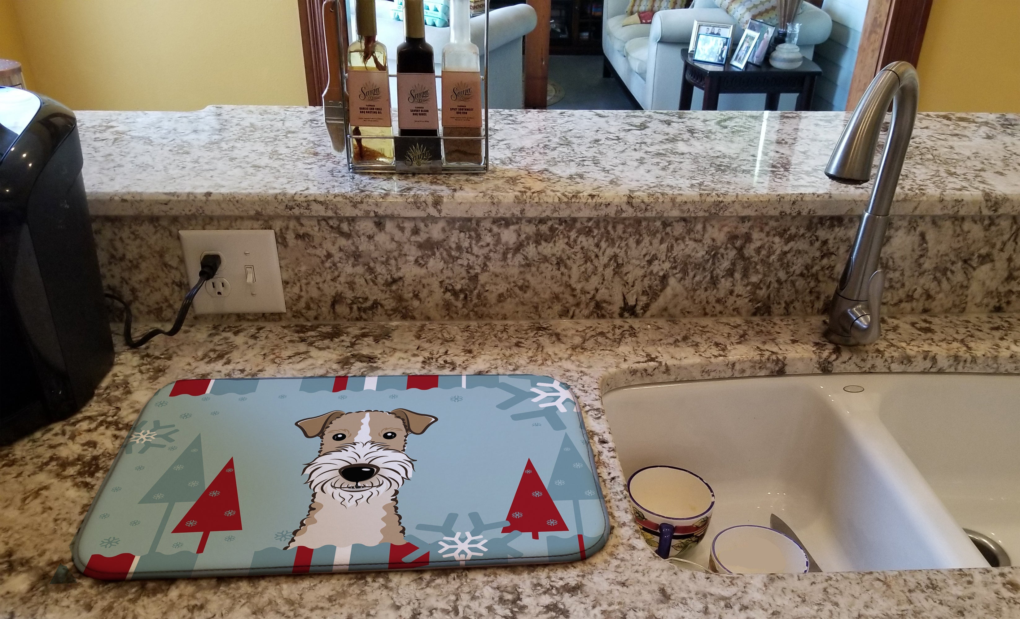 Winter Holiday Wire Haired Fox Terrier Dish Drying Mat Absorbent Dish Drying Mat Pad for Kitchen Counter Dish Drainer Mat for Countertop, 14 x 21", Multicolor