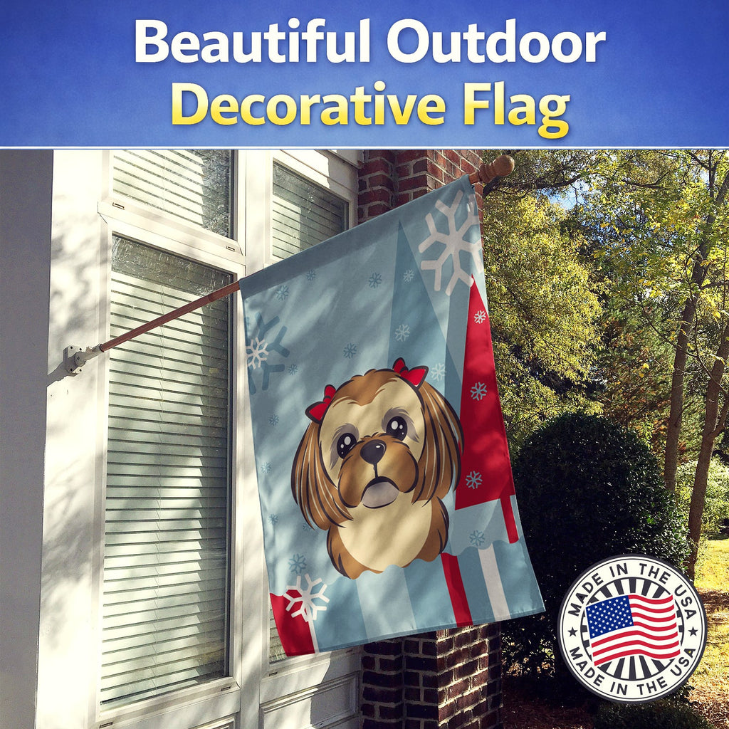 Winter Holiday Chocolate Brown Shih Tzu House Flag 28x40 Porch Sleeve Pole Decorative Outside Yard Banner Artwork Wall Hanging, Polyester