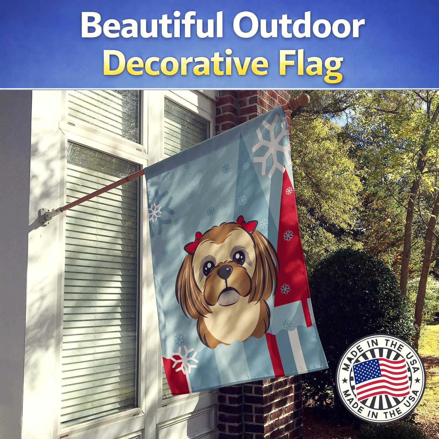 Winter Holiday Chocolate Brown Shih Tzu House Flag 28x40 Porch Sleeve Pole Decorative Outside Yard Banner Artwork Wall Hanging, Polyester
