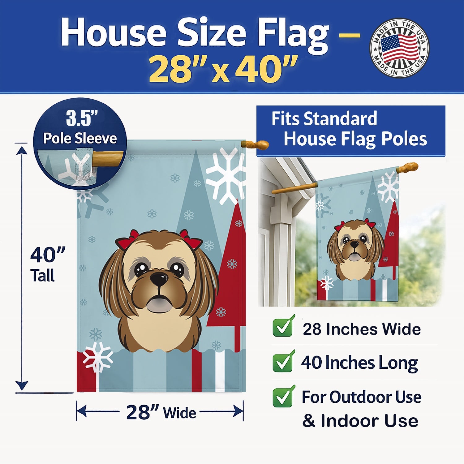 Winter Holiday Chocolate Brown Shih Tzu House Flag 28x40 Porch Sleeve Pole Decorative Outside Yard Banner Artwork Wall Hanging, Polyester
