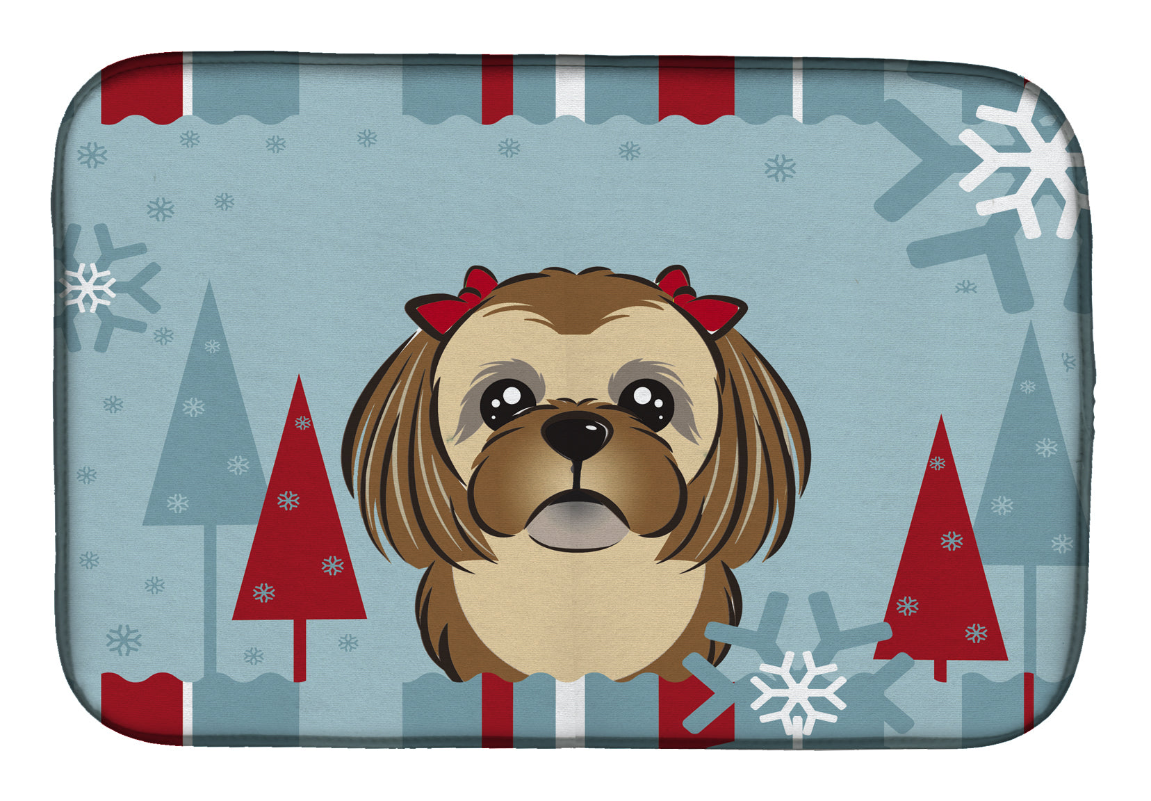 Winter Holiday Chocolate Brown Shih Tzu Dish Drying Mat Absorbent Dish Drying Mat Pad for Kitchen Counter Dish Drainer Mat for Countertop, 14 x 21", Multicolor