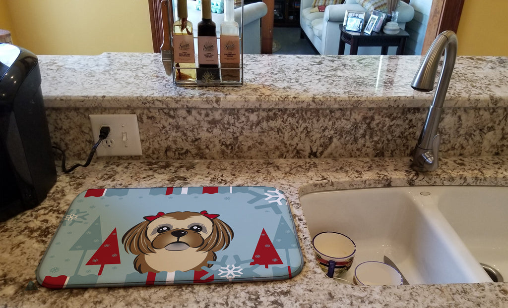 Winter Holiday Chocolate Brown Shih Tzu Dish Drying Mat Absorbent Dish Drying Mat Pad for Kitchen Counter Dish Drainer Mat for Countertop, 14 x 21", Multicolor