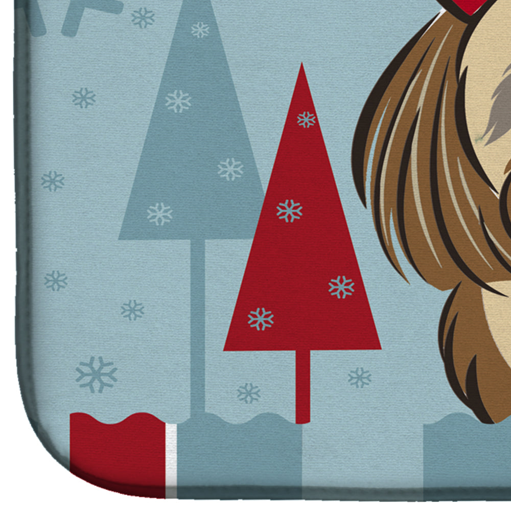 Winter Holiday Chocolate Brown Shih Tzu Dish Drying Mat Absorbent Dish Drying Mat Pad for Kitchen Counter Dish Drainer Mat for Countertop, 14 x 21", Multicolor