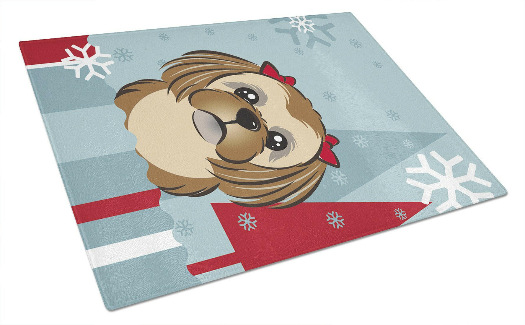 Winter Holiday Chocolate Brown Shih Tzu Cutting Board Tempered Glass Kitchen Cutting Surface, Heat Resistant Chopping, Non-Slip Feet, Food Prep & Serving