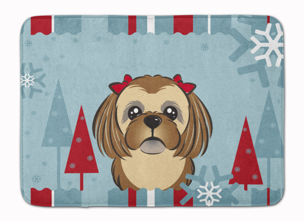 Winter Holiday Chocolate Brown Shih Tzu Memory Foam Kitchen Mat Machine Washable Anti-Fatigue Cushion Comfort Bath or Kitchen Rug