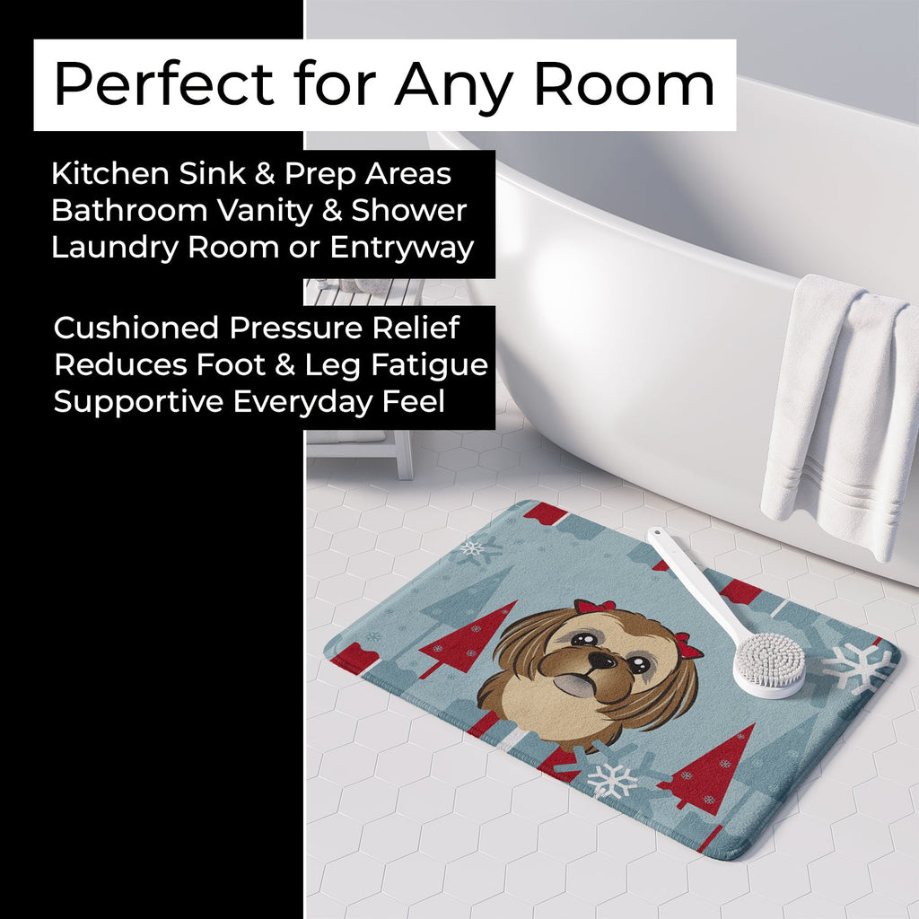 Winter Holiday Chocolate Brown Shih Tzu Memory Foam Kitchen Mat Machine Washable Anti-Fatigue Cushion Comfort Bath or Kitchen Rug