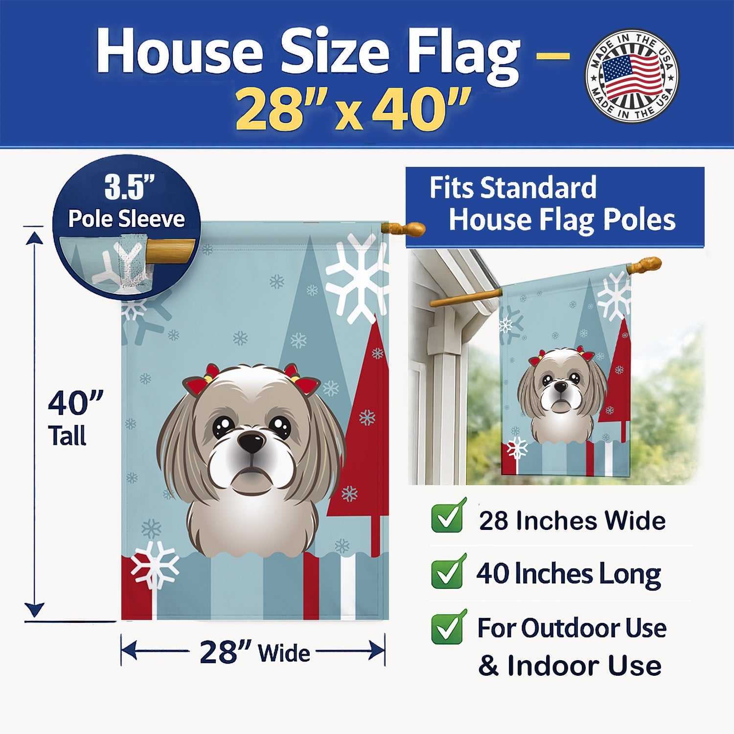 Winter Holiday Gray Silver Shih Tzu House Flag 28x40 Porch Sleeve Pole Decorative Outside Yard Banner Artwork Wall Hanging, Polyester