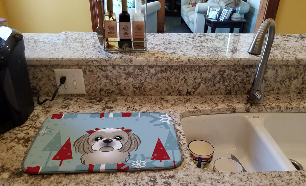 Winter Holiday Gray Silver Shih Tzu Dish Drying Mat Absorbent Dish Drying Mat Pad for Kitchen Counter Dish Drainer Mat for Countertop, 14 x 21", Multicolor
