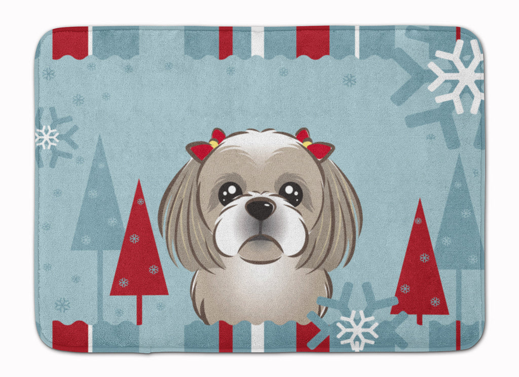 Winter Holiday Gray Silver Shih Tzu Memory Foam Kitchen Mat Machine Washable Anti-Fatigue Cushion Comfort Bath or Kitchen Rug