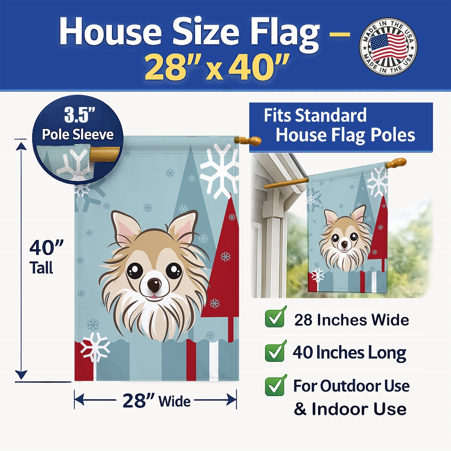 Winter Holiday Chihuahua House Flag 28x40 Porch Sleeve Pole Decorative Outside Yard Banner Artwork Wall Hanging, Polyester