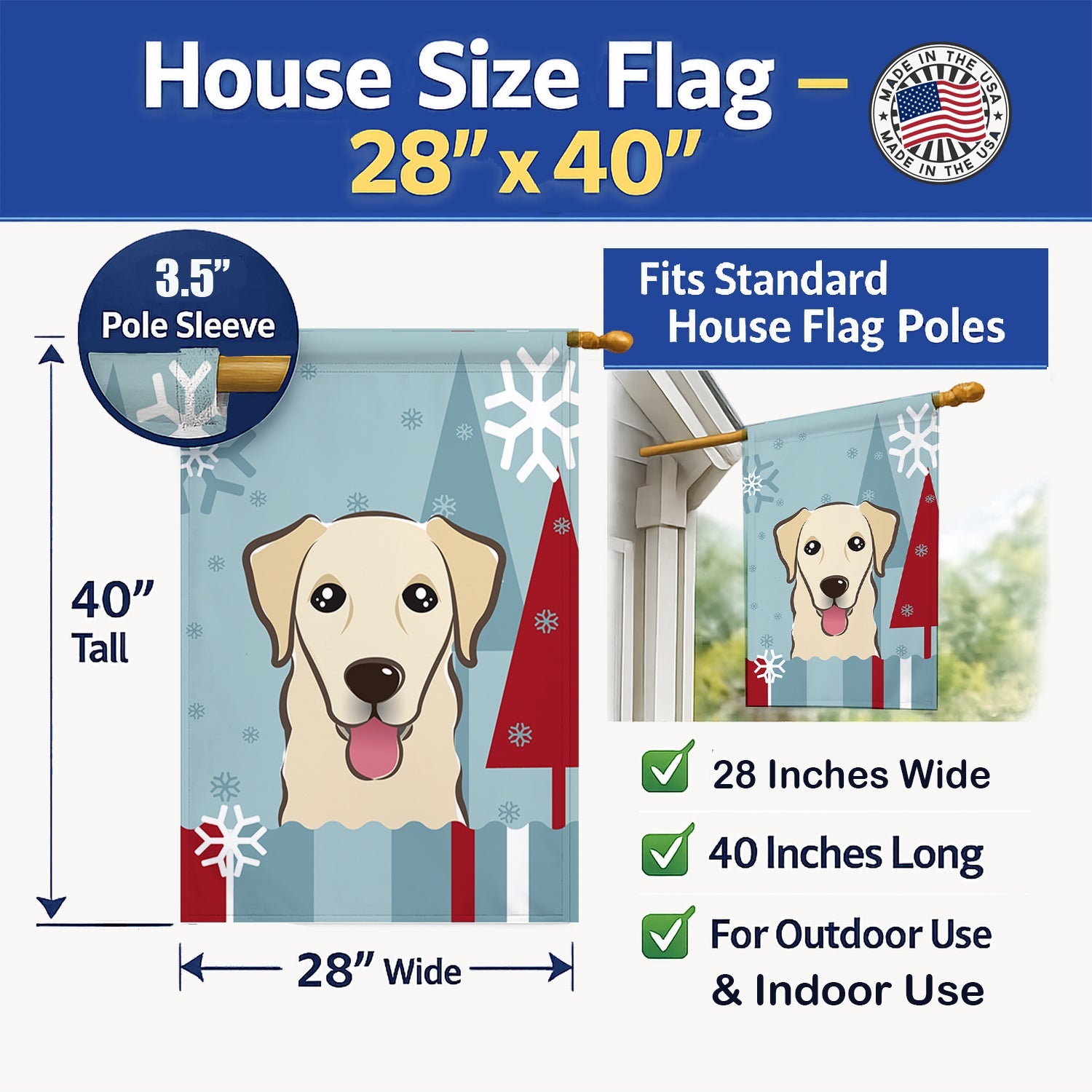 Winter Holiday Golden Retriever House Flag 28x40 Porch Sleeve Pole Decorative Outside Yard Banner Artwork Wall Hanging, Polyester
