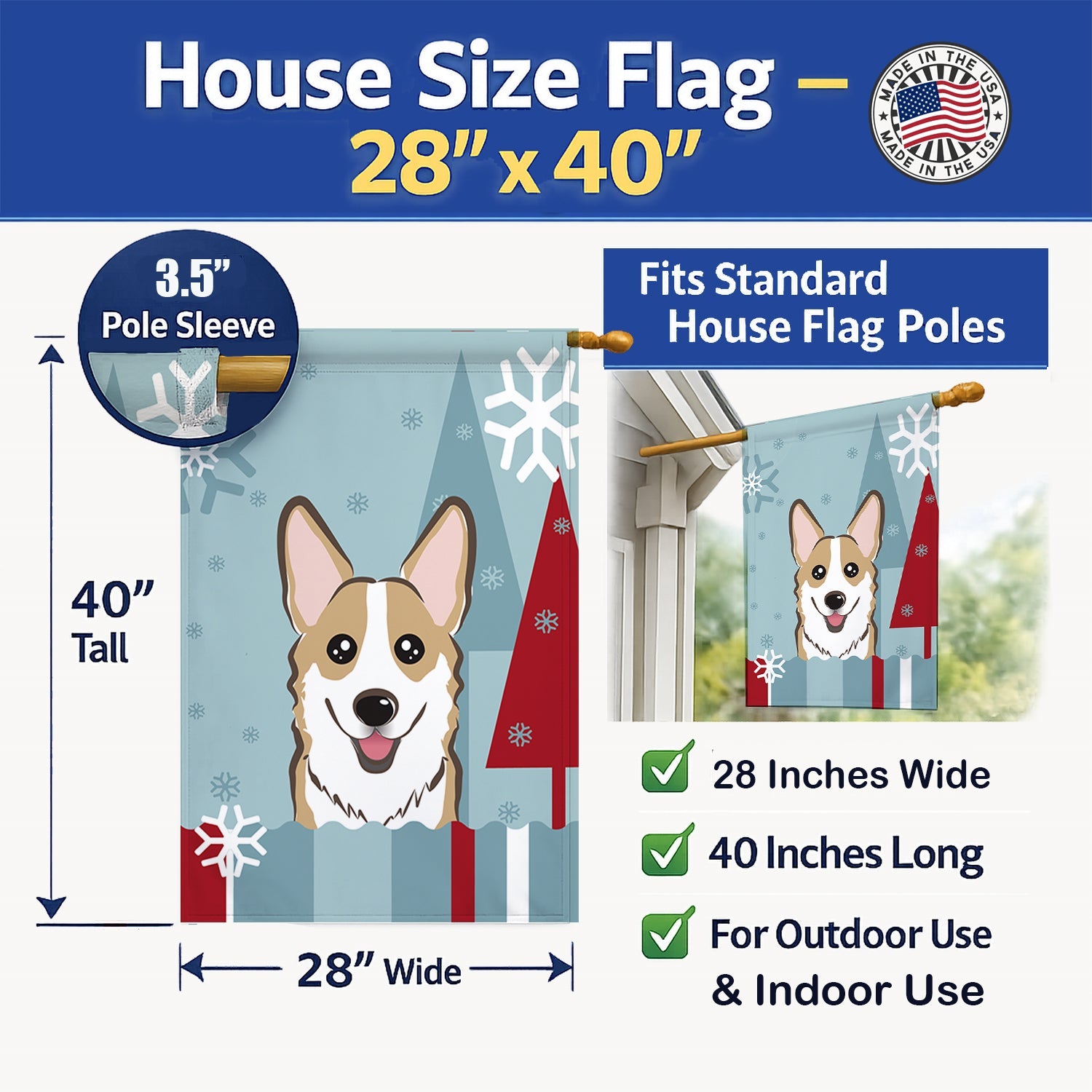 Winter Holiday Sable Corgi House Flag 28x40 Porch Sleeve Pole Decorative Outside Yard Banner Artwork Wall Hanging, Polyester