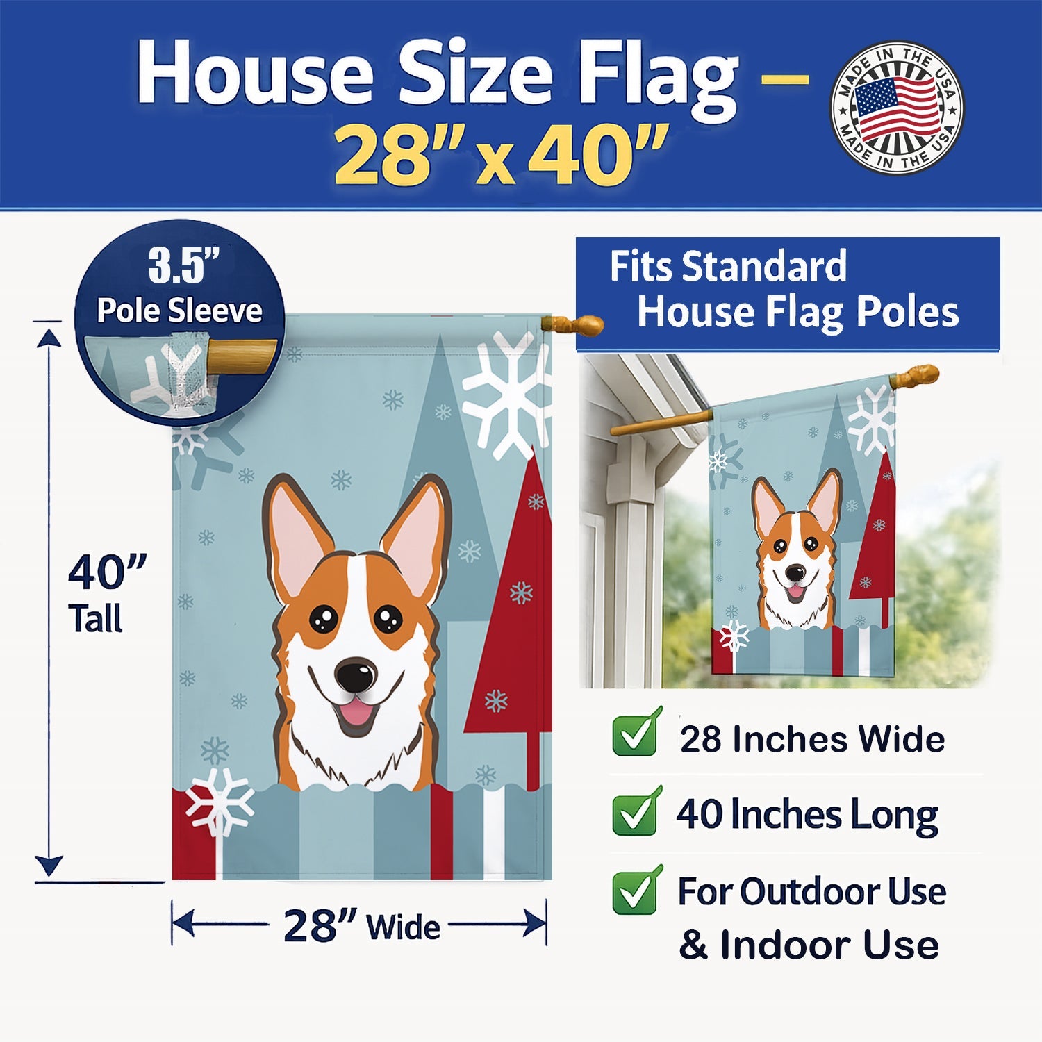 Winter Holiday Red Corgi House Flag 28x40 Porch Sleeve Pole Decorative Outside Yard Banner Artwork Wall Hanging, Polyester