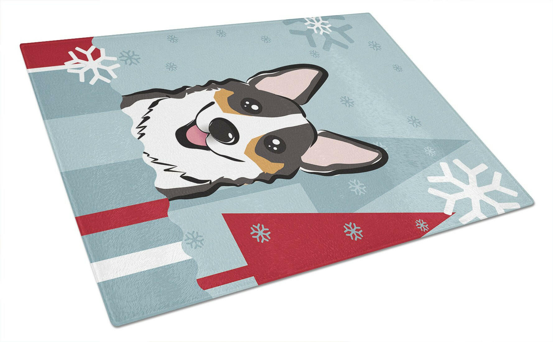 Winter Holiday Tricolor Corgi Cutting Board Tempered Glass Kitchen Cutting Surface, Heat Resistant Chopping, Non-Slip Feet, Food Prep & Serving