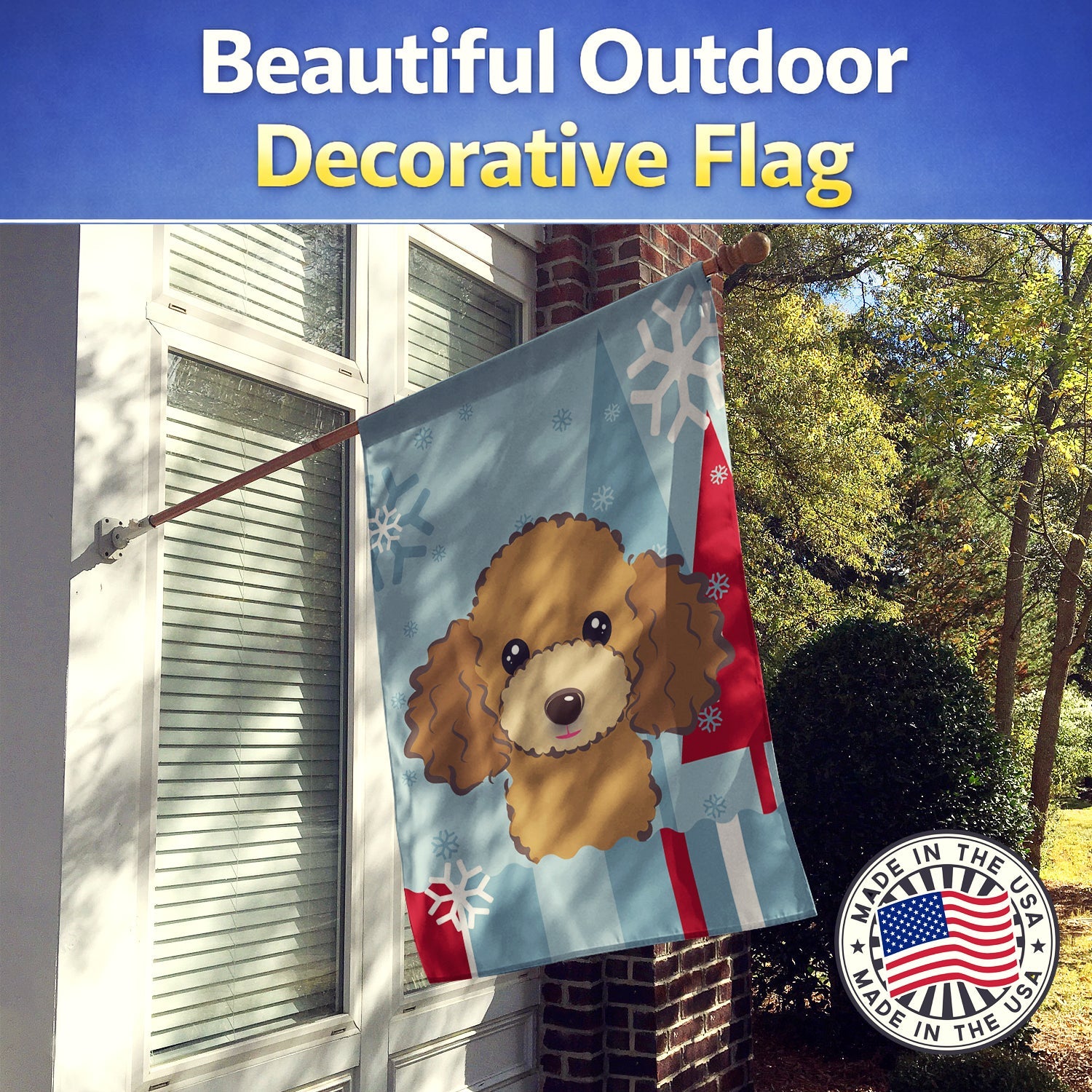 Winter Holiday Chocolate Brown Poodle House Flag 28x40 Porch Sleeve Pole Decorative Outside Yard Banner Artwork Wall Hanging, Polyester