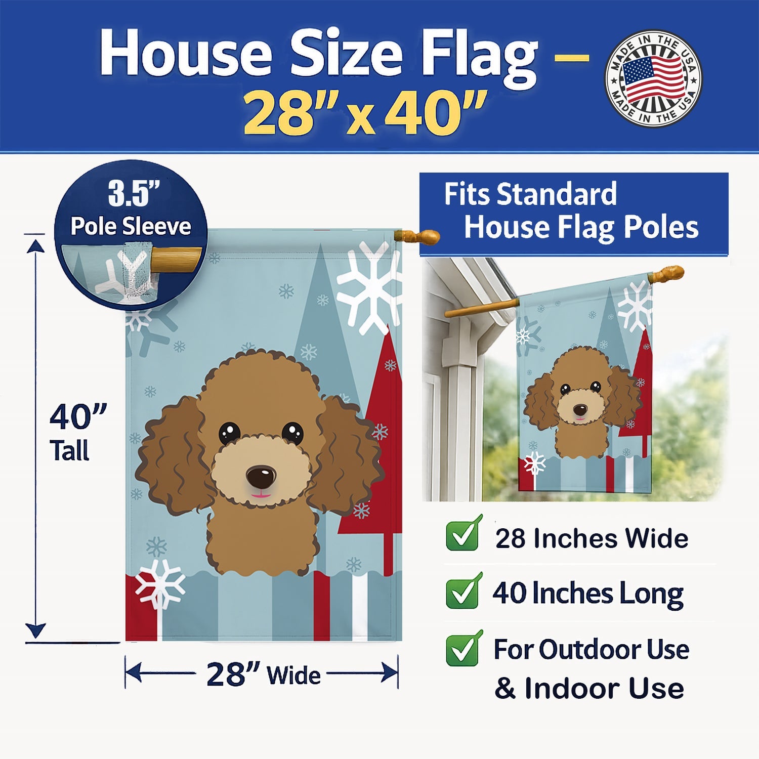 Winter Holiday Chocolate Brown Poodle House Flag 28x40 Porch Sleeve Pole Decorative Outside Yard Banner Artwork Wall Hanging, Polyester