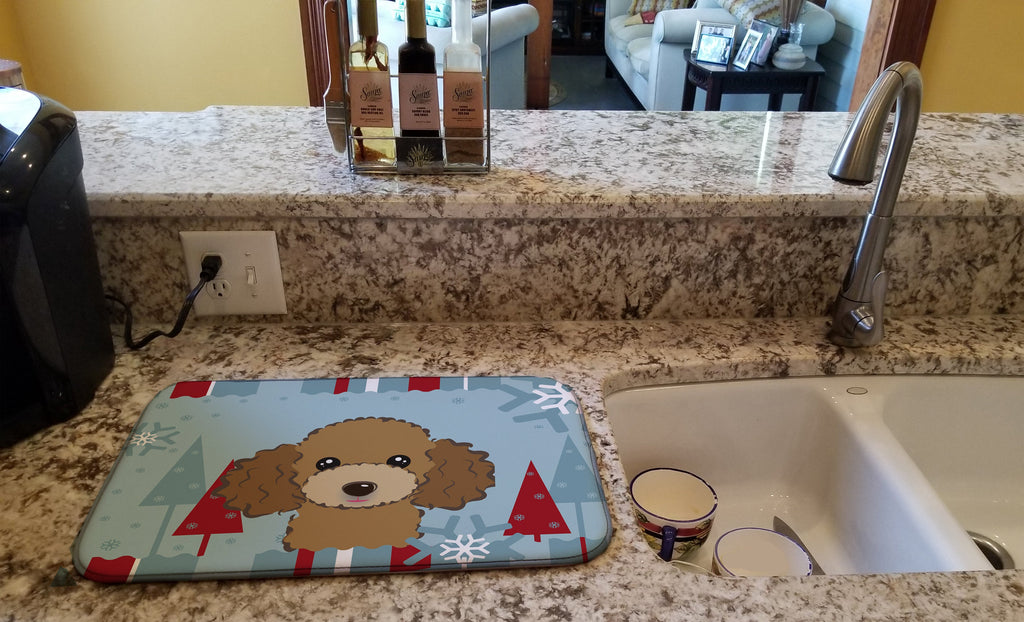 Winter Holiday Chocolate Brown Poodle Dish Drying Mat Absorbent Dish Drying Mat Pad for Kitchen Counter Dish Drainer Mat for Countertop, 14 x 21", Multicolor