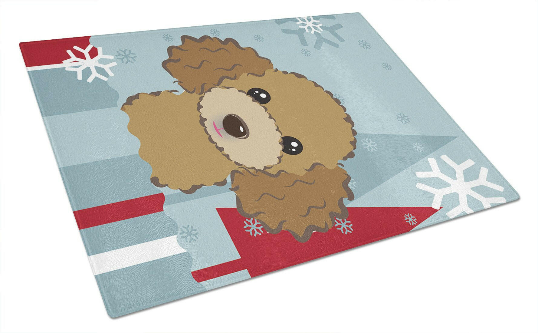 Winter Holiday Chocolate Brown Poodle Cutting Board Tempered Glass Kitchen Cutting Surface, Heat Resistant Chopping, Non-Slip Feet, Food Prep & Serving