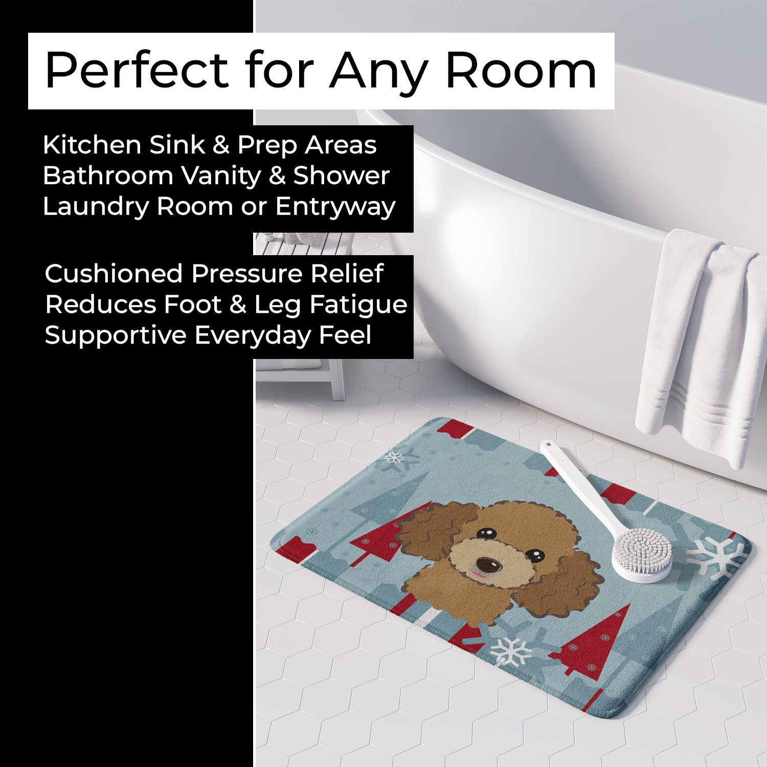 Winter Holiday Chocolate Brown Poodle Memory Foam Kitchen Mat Machine Washable Anti-Fatigue Cushion Comfort Bath or Kitchen Rug