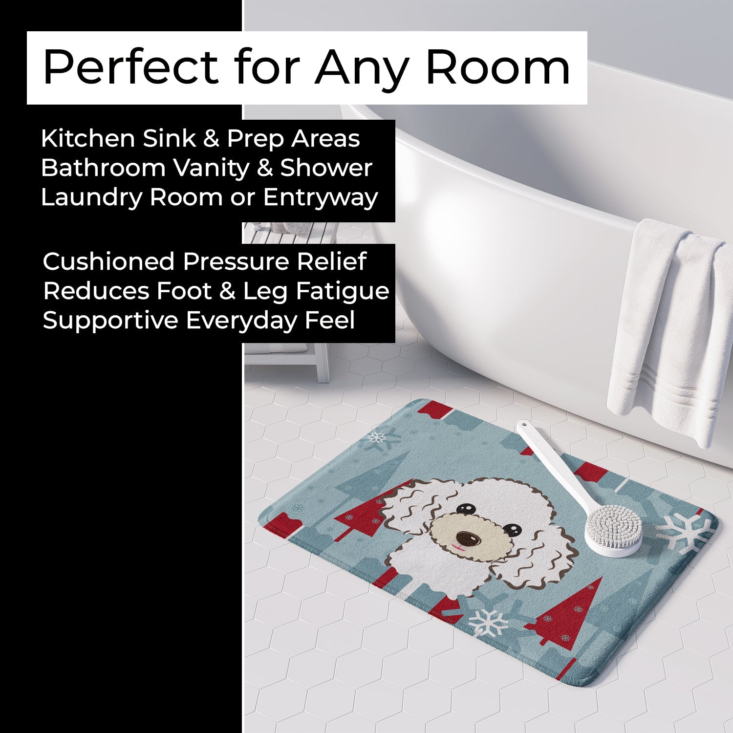 Winter Holiday White Poodle Memory Foam Kitchen Mat Machine Washable Anti-Fatigue Cushion Comfort Bath or Kitchen Rug