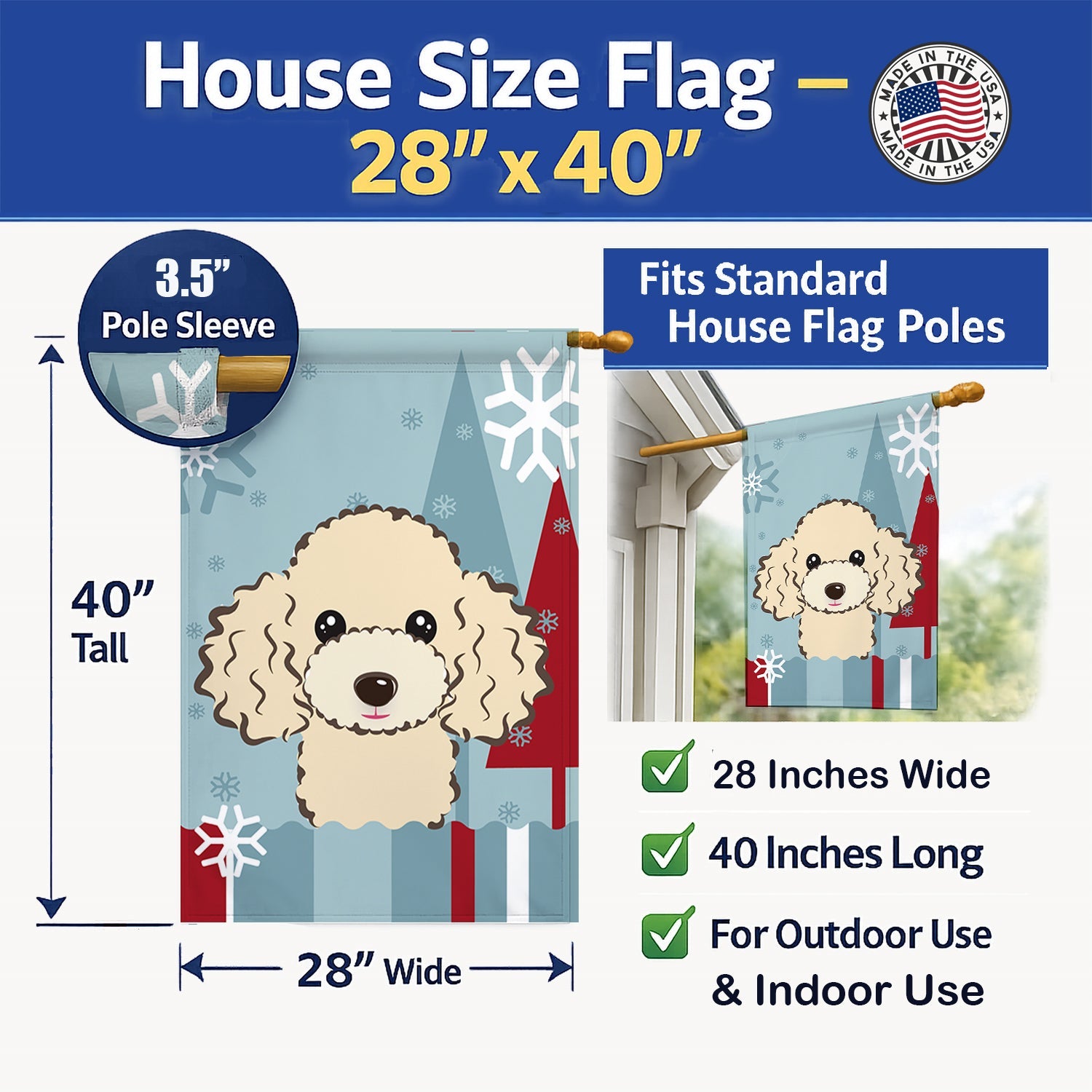 Winter Holiday Buff Poodle House Flag 28x40 Porch Sleeve Pole Decorative Outside Yard Banner Artwork Wall Hanging, Polyester