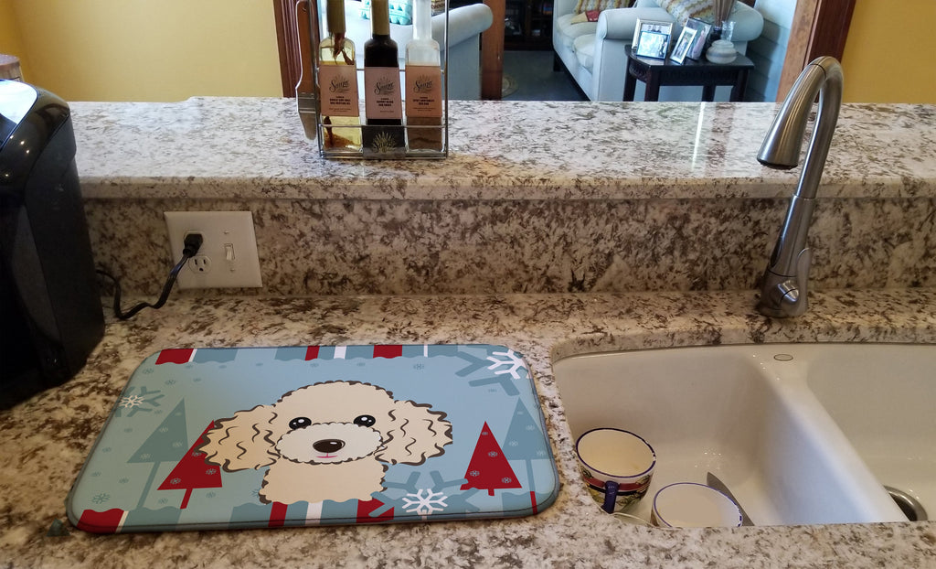 Winter Holiday Buff Poodle Dish Drying Mat Absorbent Dish Drying Mat Pad for Kitchen Counter Dish Drainer Mat for Countertop, 14 x 21", Multicolor