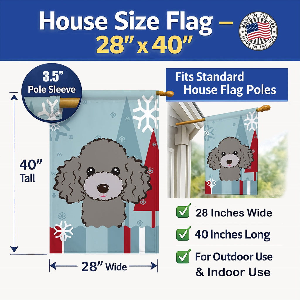 Winter Holiday Silver Gray Poodle House Flag 28x40 Porch Sleeve Pole Decorative Outside Yard Banner Artwork Wall Hanging, Polyester