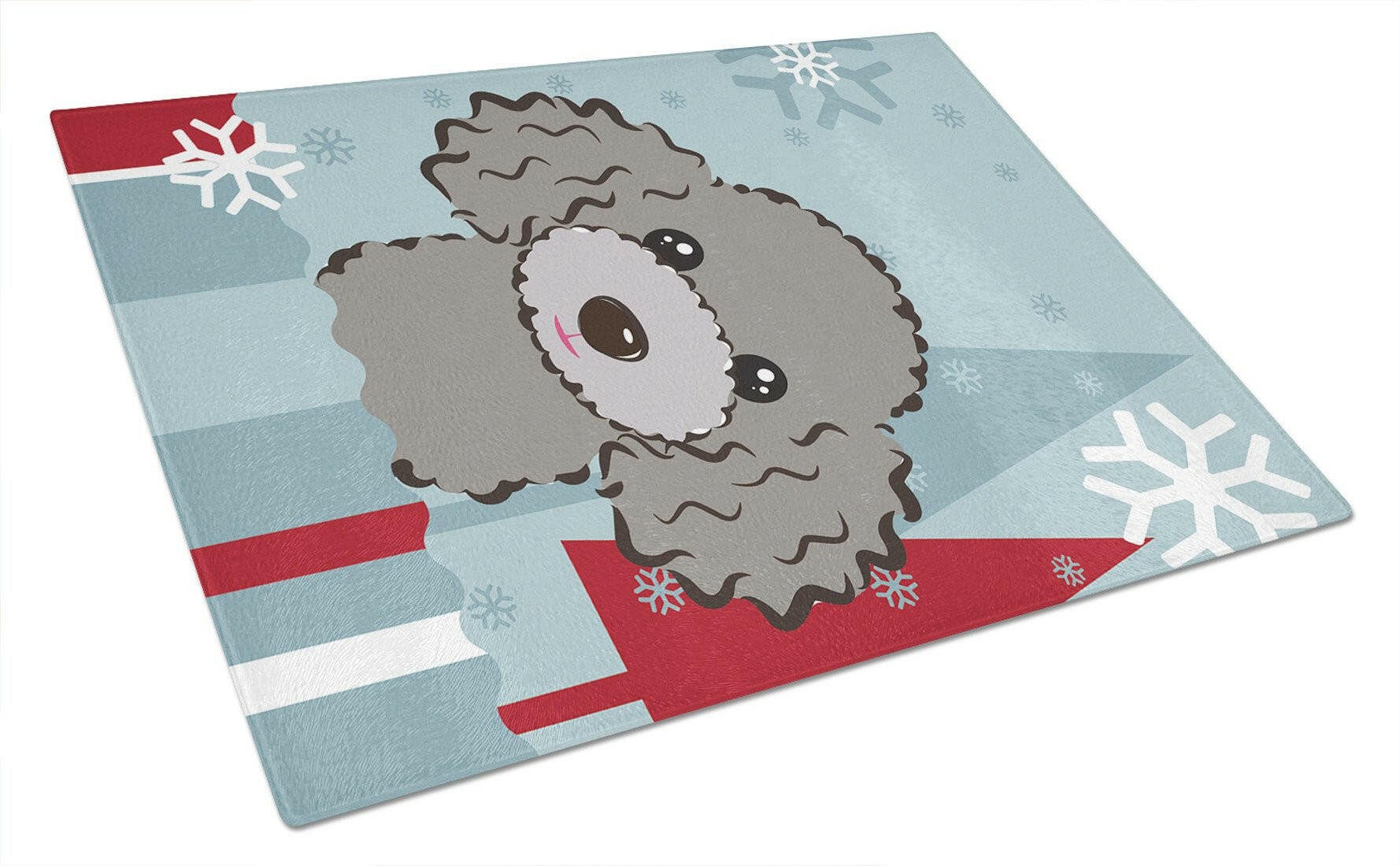 Winter Holiday Silver Gray Poodle Cutting Board Tempered Glass Kitchen Cutting Surface, Heat Resistant Chopping, Non-Slip Feet, Food Prep & Serving