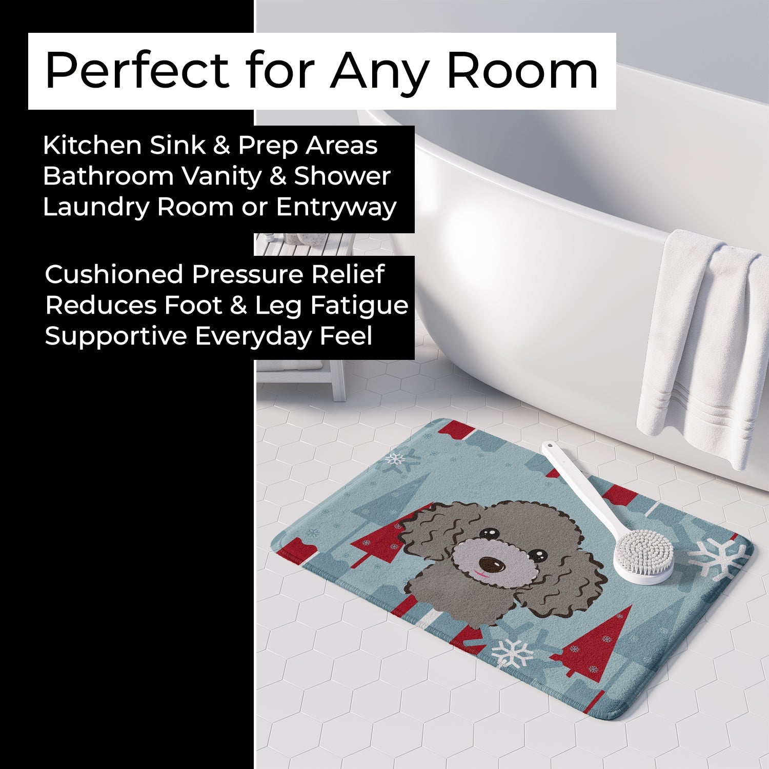 Winter Holiday Silver Gray Poodle Memory Foam Kitchen Mat Machine Washable Anti-Fatigue Cushion Comfort Bath or Kitchen Rug