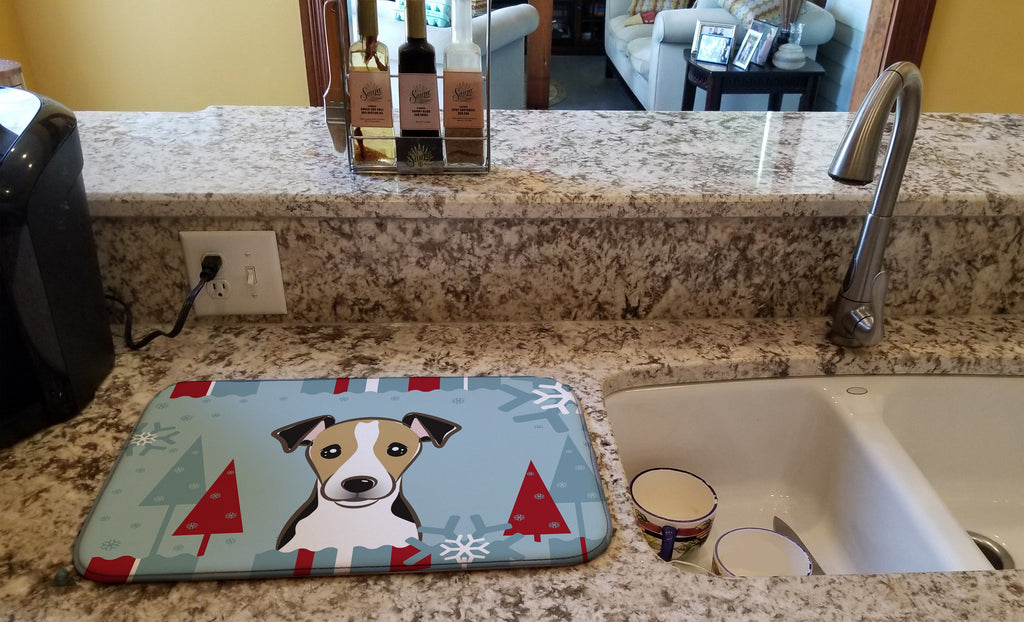 Winter Holiday Jack Russell Terrier Dish Drying Mat Absorbent Dish Drying Mat Pad for Kitchen Counter Dish Drainer Mat for Countertop, 14 x 21", Multicolor