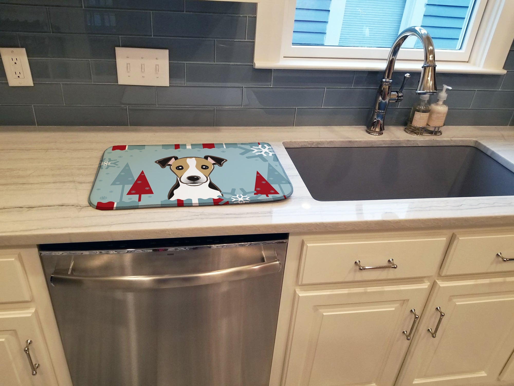 Winter Holiday Jack Russell Terrier Dish Drying Mat Absorbent Dish Drying Mat Pad for Kitchen Counter Dish Drainer Mat for Countertop, 14 x 21", Multicolor