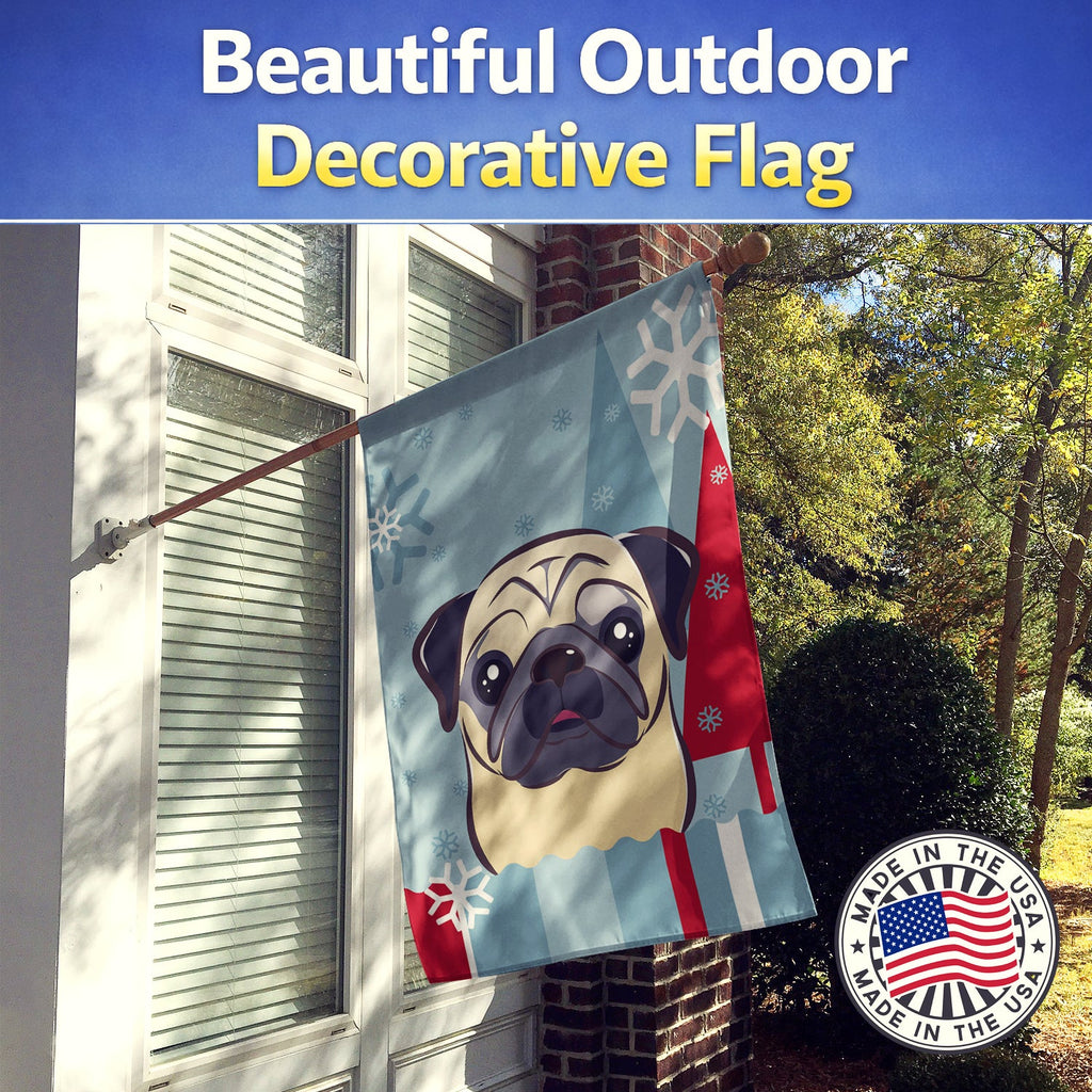 Winter Holiday Fawn Pug House Flag 28x40 Porch Sleeve Pole Decorative Outside Yard Banner Artwork Wall Hanging, Polyester