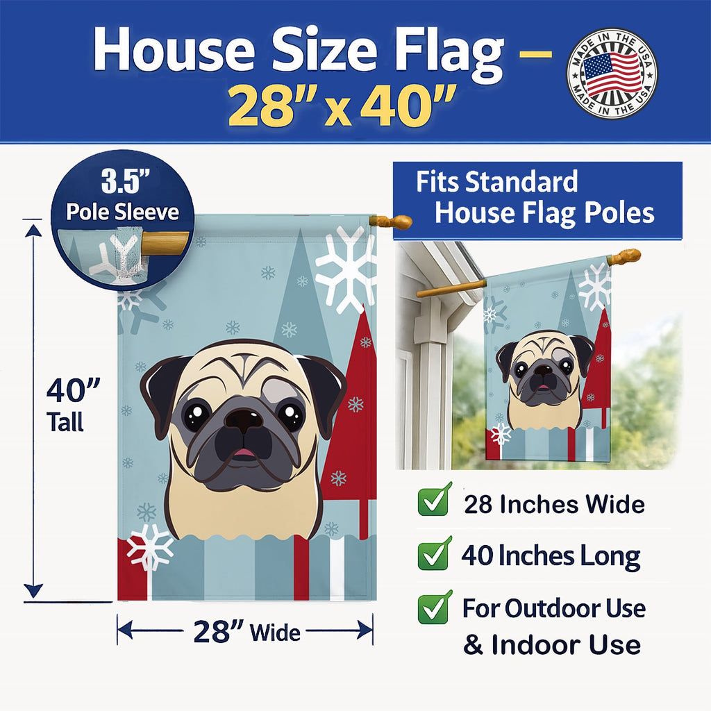 Winter Holiday Fawn Pug House Flag 28x40 Porch Sleeve Pole Decorative Outside Yard Banner Artwork Wall Hanging, Polyester