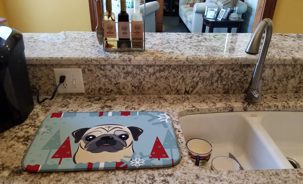 Winter Holiday Fawn Pug Dish Drying Mat Absorbent Dish Drying Mat Pad for Kitchen Counter Dish Drainer Mat for Countertop, 14 x 21", Multicolor