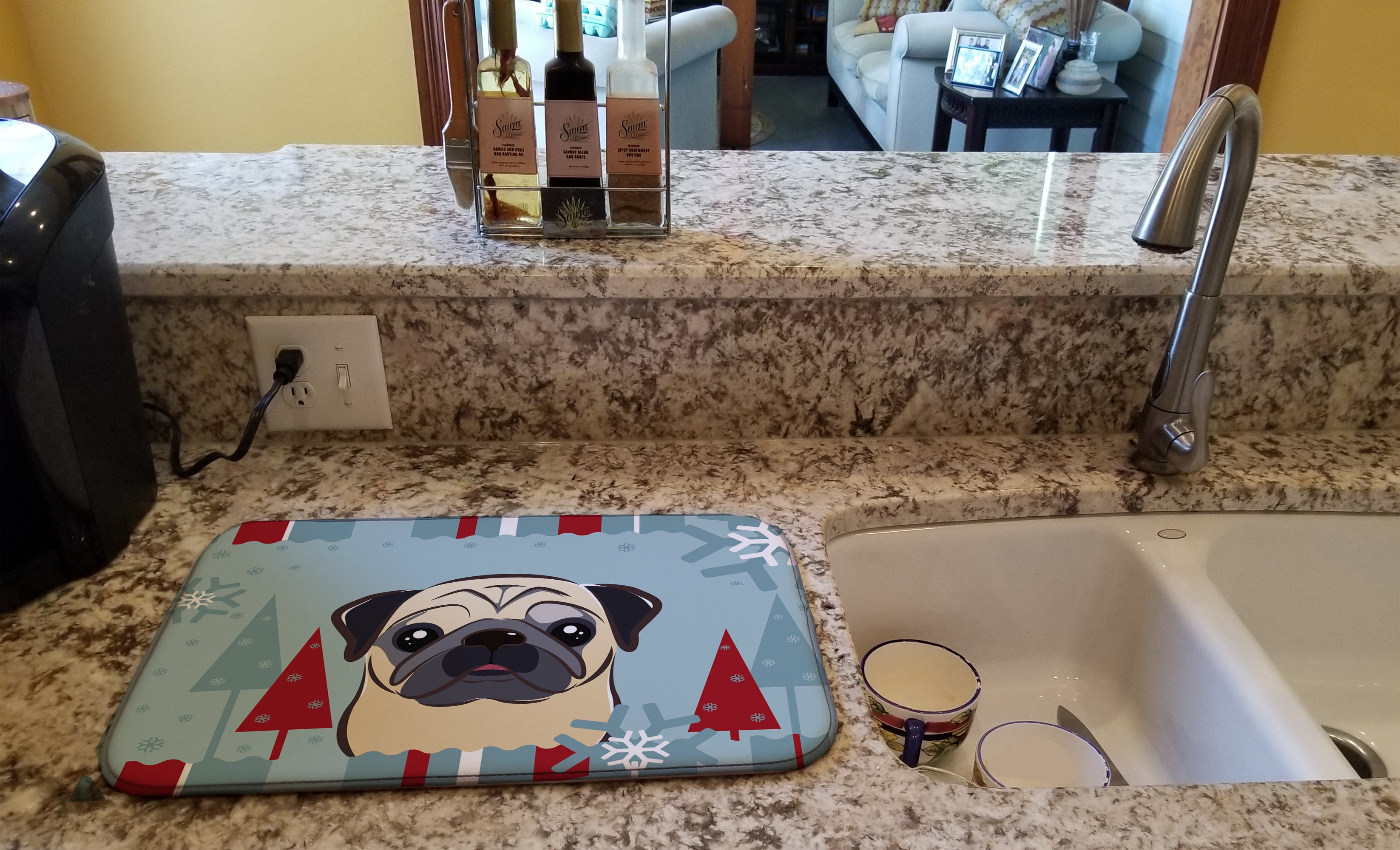Winter Holiday Fawn Pug Dish Drying Mat Absorbent Dish Drying Mat Pad for Kitchen Counter Dish Drainer Mat for Countertop, 14 x 21", Multicolor