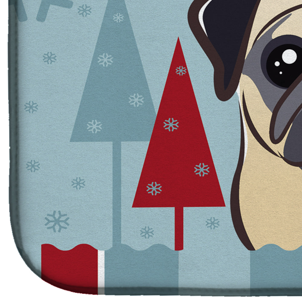 Winter Holiday Fawn Pug Dish Drying Mat Absorbent Dish Drying Mat Pad for Kitchen Counter Dish Drainer Mat for Countertop, 14 x 21", Multicolor