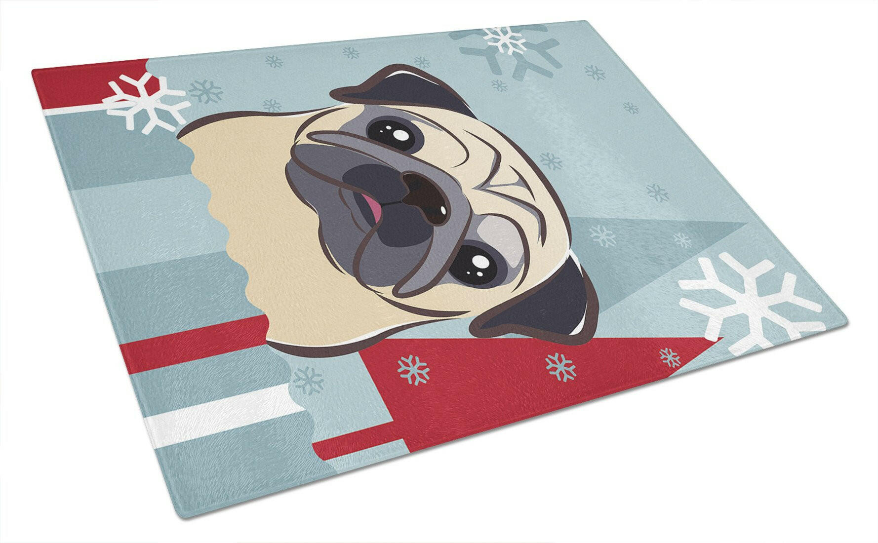 Winter Holiday Fawn Pug Cutting Board Tempered Glass Kitchen Cutting Surface, Heat Resistant Chopping, Non-Slip Feet, Food Prep & Serving