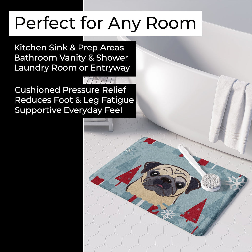 Winter Holiday Fawn Pug Memory Foam Kitchen Mat Machine Washable Anti-Fatigue Cushion Comfort Bath or Kitchen Rug