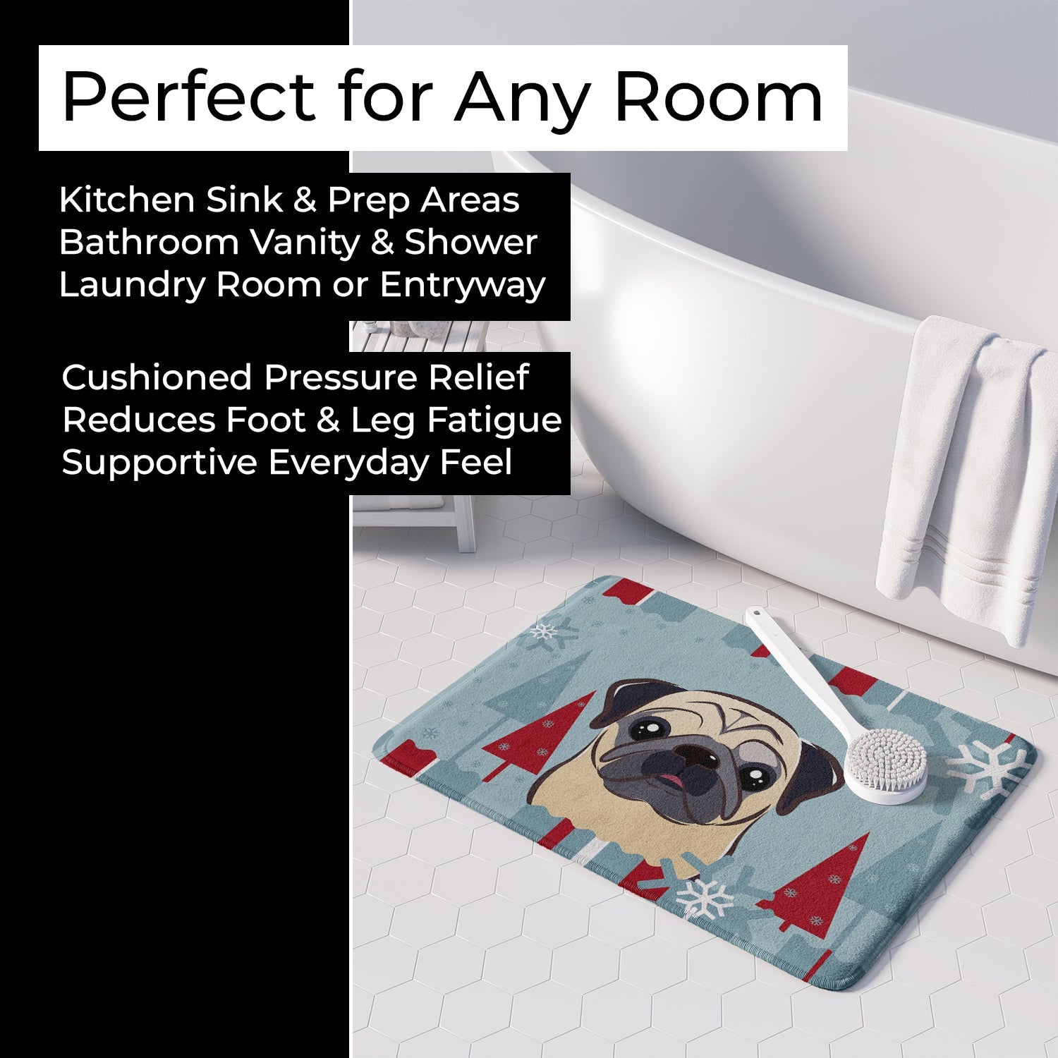 Winter Holiday Fawn Pug Memory Foam Kitchen Mat Machine Washable Anti-Fatigue Cushion Comfort Bath or Kitchen Rug
