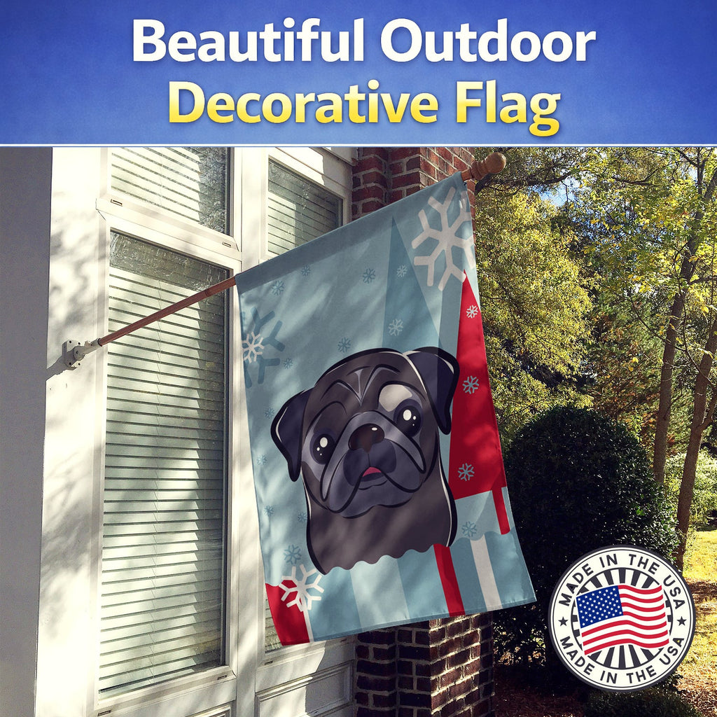 Winter Holiday Black Pug House Flag 28x40 Porch Sleeve Pole Decorative Outside Yard Banner Artwork Wall Hanging, Polyester