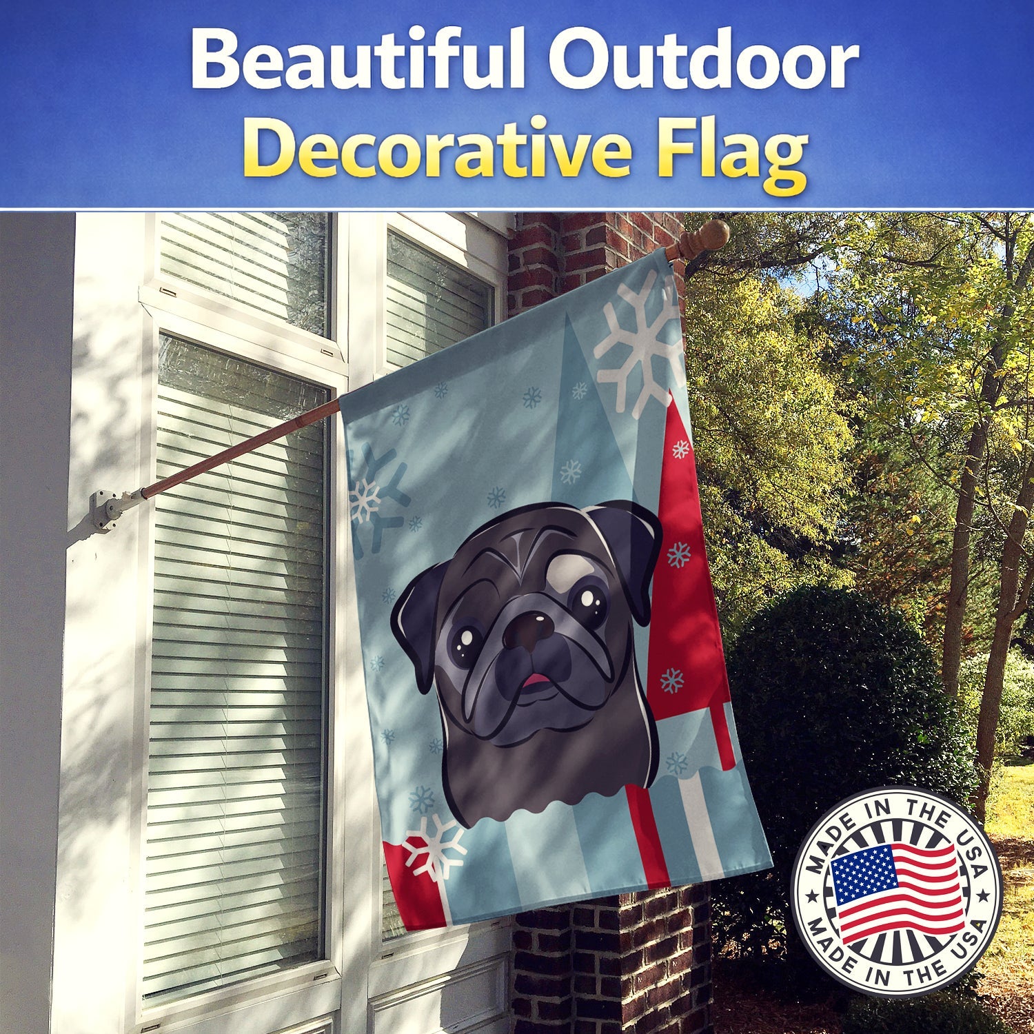 Winter Holiday Black Pug House Flag 28x40 Porch Sleeve Pole Decorative Outside Yard Banner Artwork Wall Hanging, Polyester
