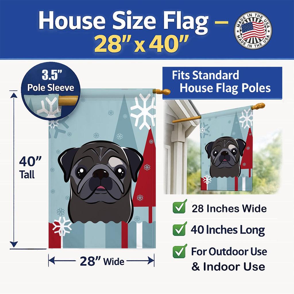 Winter Holiday Black Pug House Flag 28x40 Porch Sleeve Pole Decorative Outside Yard Banner Artwork Wall Hanging, Polyester