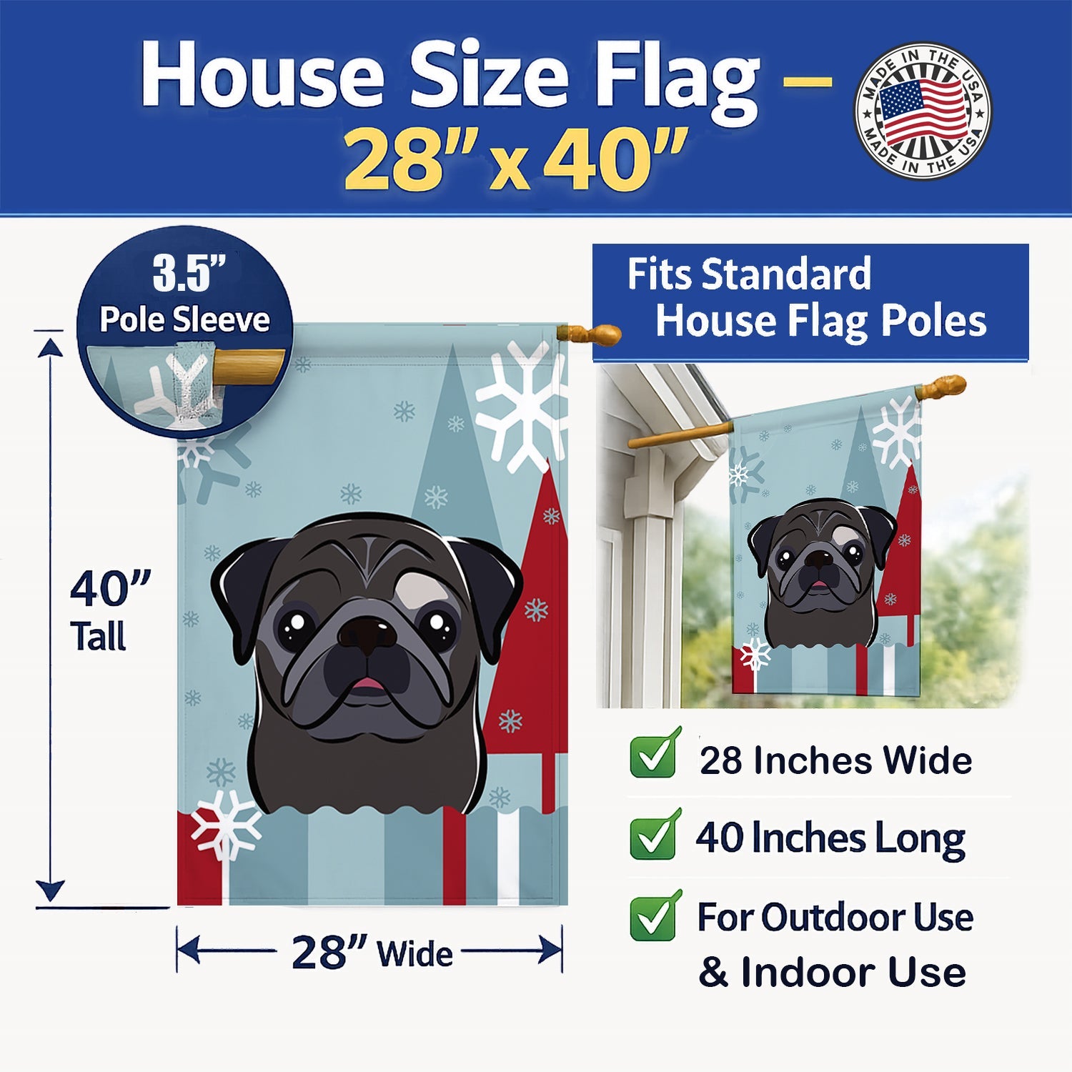 Winter Holiday Black Pug House Flag 28x40 Porch Sleeve Pole Decorative Outside Yard Banner Artwork Wall Hanging, Polyester