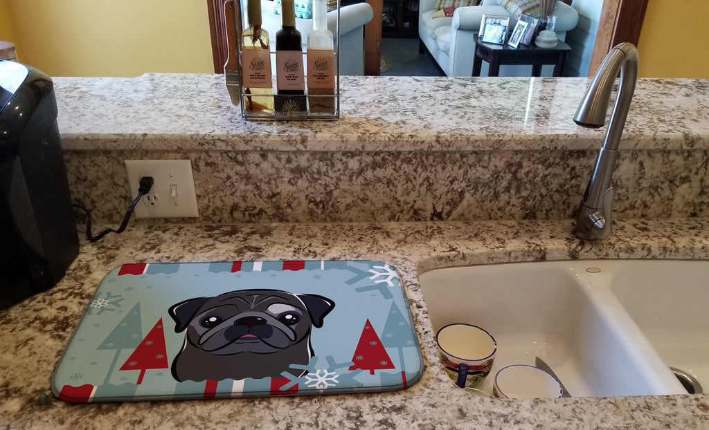 Winter Holiday Black Pug Dish Drying Mat Absorbent Dish Drying Mat Pad for Kitchen Counter Dish Drainer Mat for Countertop, 14 x 21", Multicolor